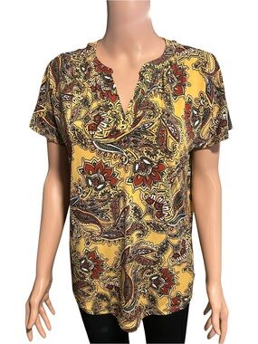 Jones New York Yellow Paisley-Print V-Notch Blouse with Rust Accents